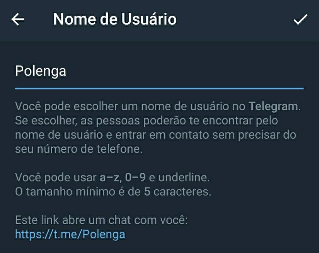 Tela escolher @ Telegram